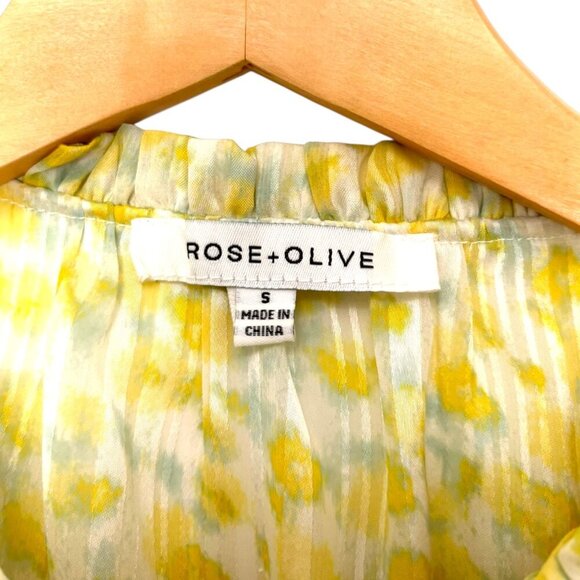 ROSE & OLIVE Long Sleeved Sheer Blouse Butter Yellow Pastel Green Floral Size S - Picture 6 of 8